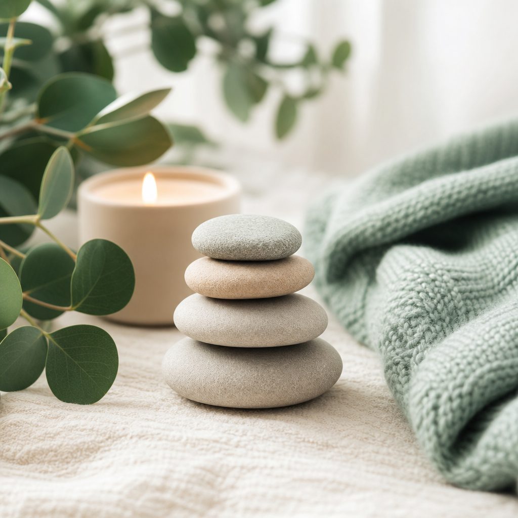 Smooth balanced stacked stones beside a small plant and a softly lit candle, calm and grounding