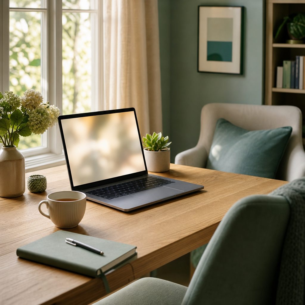 A cozy home desk with an open laptop, a cup of tea and a notebook by a window, set up for an online session
