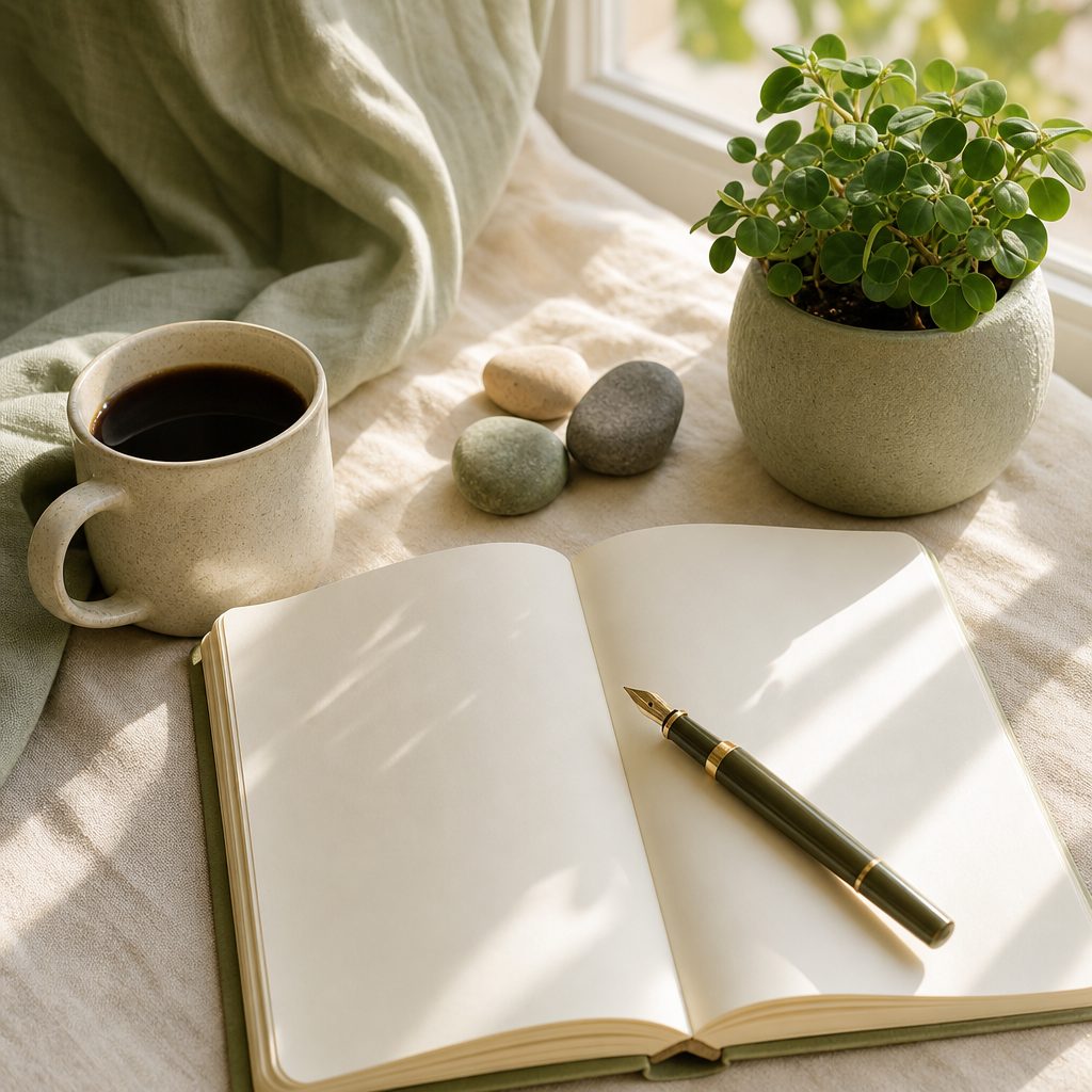 An open blank journal with a pen, a cup of coffee and a small plant in soft morning light