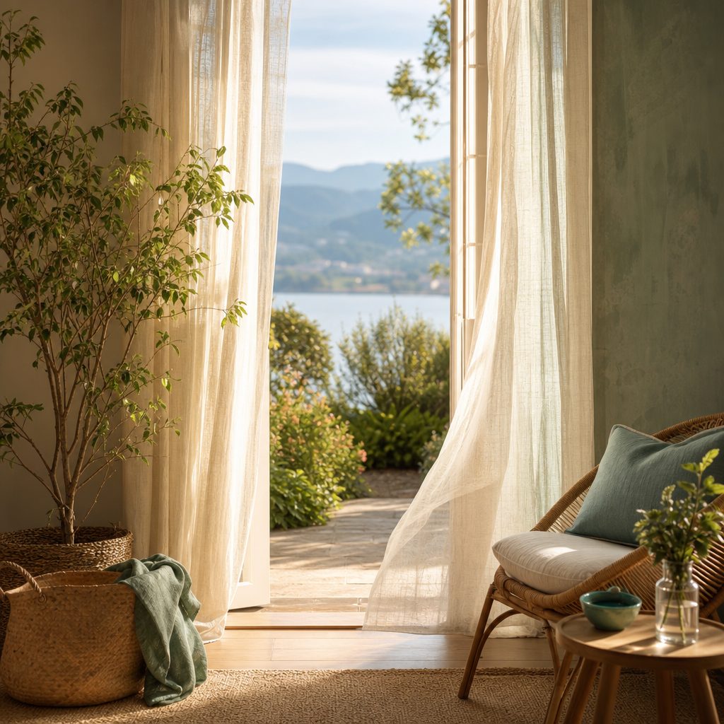 A bright open doorway with sheer linen curtains and soft golden light spilling onto a wooden floor